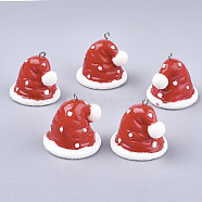 Resin Pendants, with Platinum Tone Iron Findings, Christmas Hat, Red, 28.5x28~30x29~30mm, Hole: 2mm(RESI-T028-27)