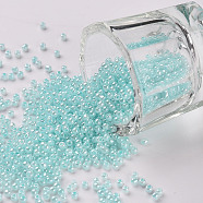 12/0 Grade A Round Glass Seed Beads, Ceylon, Pale Turquoise, 2x1.5mm, Hole: 0.7mm, about 5388pcs/50g(X-SEED-N001-B-143)