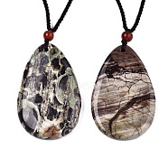 Natural Flower Agate Pendant Necklaces, Slider Necklaces, with Random Color Polyester Cords, Teardrop, 26~29.9 inch(66~76cm)(NJEW-S421-021B)