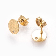 Ion Plating(IP) 304 Stainless Steel Ear Stud Findings, with Ear Nuts/Earring Backs and Hole, Textured Flat Round with Spot Lines, Golden, 8mm, Hole: 1.2mm, Pin: 0.8mm(X-STAS-O119-15B-G)