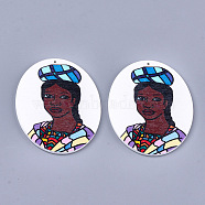 Printed Wooden Big Pendants, Dyed, Oval with Woman, Colorful, 63x50x2.5mm, Hole: 1.2mm(WOOD-S050-09K)
