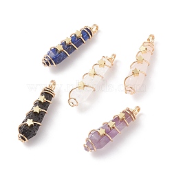Natural Mixed Stone Pointed Pendants, Bullet Charm, with Real 18K Gold Plated Tone Copper Wire Wrapped and Brass Star Beads, Faceted, 37x10~11x11~12mm, Hole: 3.5mm(PALLOY-JF01703)