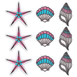 9Pcs 3 Styles Ocean Theme PVC Paillette Embroidered Cloth Sew on Patches, Mixed Shapes, Mixed Color, 85~130x69~135x1.5mm, 3pcs/style(PATC-FG0001-92)