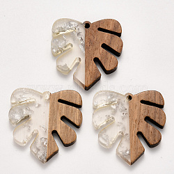Transparent Resin & Walnut Wood Pendants, Tropical Leaf Charms, with Silver Foil, Waxed, Monstera Leaf, Silver, 30x28x3.5mm, Hole: 2mm(RESI-S358-24-D02)