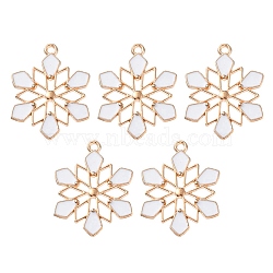 Barrel Plating Alloy Enamel Pendants, Snowflake Charm, Lead Free & Cadmium Free, Light Gold, White, 29x22.5x2mm, Hole: 1.6mm(ENAM-YW0002-57)