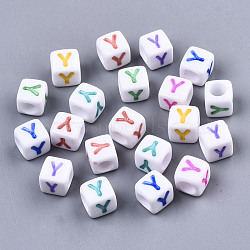 Opaque White Acrylic Beads, with Enamel, Horizontal Hole, Cube with Mixed Color Letter, Letter.Y, 6x6x6mm, Hole: 3mm, about 2900pcs/500g(SACR-R252-02Y)