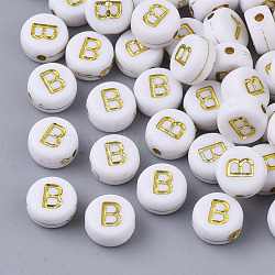 Plating Acrylic Beads, Golden Metal Enlaced, Horizontal Hole, Flat Round with Alphabet, White, Letter.B, 7x3.5mm, Hole: 1.2mm, about 360pcs/50g(X-PACR-R242-01B)
