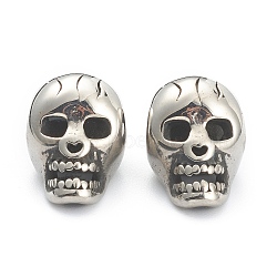 304 Stainless Steel European Beads, Large Hole Beads, Skull, Antique Silver, 15x10x10mm, Hole: 5mm(STAS-J037-13AS)