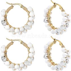 Unicraftale 304 Stainless Steel Hoop Earrings, Beaded Hoop Earrings, with Natural Howlite Beads, Ring, 32~33x31.5~33x7.5~8mm, Pin: 0.7x1mm, 2pairs/box(EJEW-UN0001-08G)