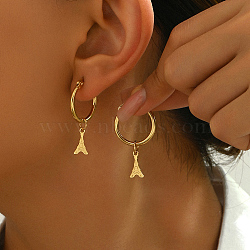 Delicate Iron Tower Stainless Steel Hoop Earrings, with Simple Hollow Design, Golden, 35x8mm(HB3011)