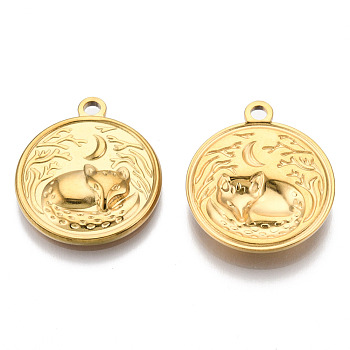 201 Stainless Steel Pendants, Flat Round with Fox Charm, Real 18K Gold Plated, 23.5x20.5x3mm, Hole: 2mm