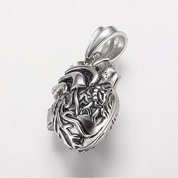 304 Stainless Steel Locket Pendants, Cage Pendants, with Magnetic, Heart, Antique Silver, 35x23x16mm, Hole: 7.5x13mm, inner diameter: 14.5x24.5mm
