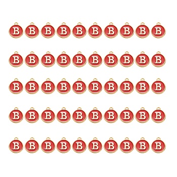 Golden Plated Alloy Charms, with Enamel, Enamelled Sequins, Flat Round, Red, Letter.B, 14x12x2mm, Hole: 1.5mm, 50pcs/Box