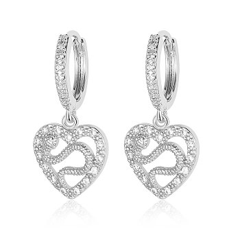 Brass Micro Pave Clear Cubic Zirconia Hoop Earrings, Hollow Heart with Snake Dangle Earrings for Women, Platinum, 28x12mm