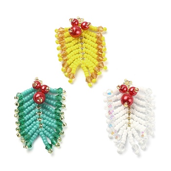 MIYUKI Rocailles Beaded Pendents, with Glass Pearl Round Beaded, Leaf Charms, Mixed Color, 36~38x25~27x8mm, Hole: 0.7mm