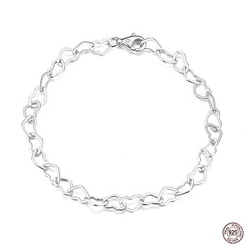 Rhodium Plated 925 Sterling Silver Heart Link Chain Bracelets, with S925 Stamp, Real Platinum Plated, 7-1/8 inch(18cm)
