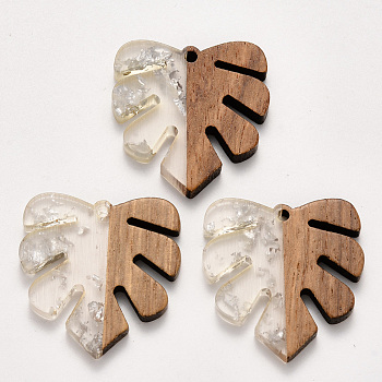 Transparent Resin & Walnut Wood Pendants, Tropical Leaf Charms, with Silver Foil, Waxed, Monstera Leaf, Silver, 30x28x3.5mm, Hole: 2mm