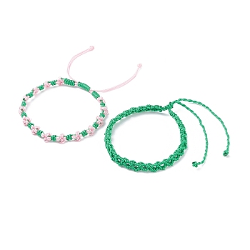 2Pcs 2 Colors Peach Blossom Braided Cord Bracelet, Friendship Lucky Adjustable Bracelet for Women, Spring Green, Inner Diameter: 2-1/4 inch(5.6cm)~4-1/4 inch(10.9cm)