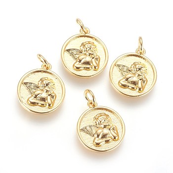 Brass Charms, with Jump Ring, Flat Round with Angel, Golden, 15x13x2mm, Hole: 3mm