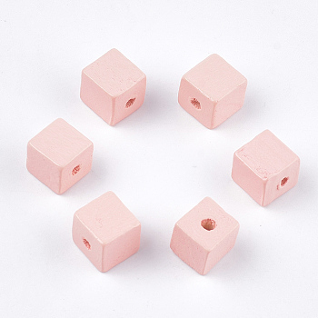 Painted Natural Wood Beads, Cube, Pink, 10x10x10mm, Hole: 2mm