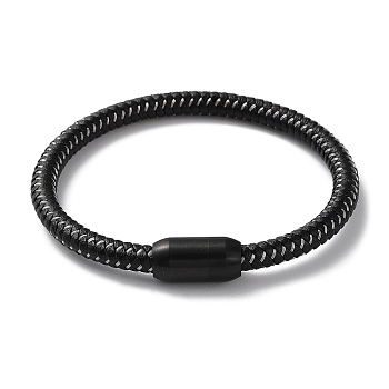 Leather Braided Round Cord Bracelet, with 304 Stainless Steel Magnetic Clasps for Men Women, Black, 8-1/4 inch(20.8cm)