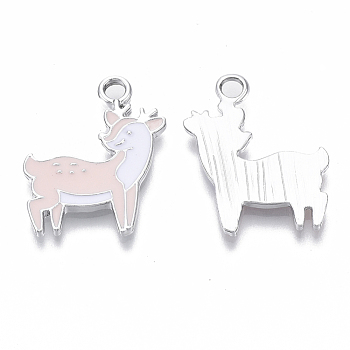 Alloy Pendants, with Enamel, Sika Deer, Platinum, Pink, 22x18x2mm, Hole: 2.5mm