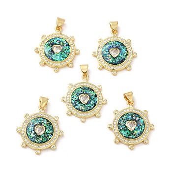 Rack Plating Brass Micro Pave Cubic Zirconia with Synthetic Opal Pendants, with Jump Ring, Lead Free & Cadmium Free, Long-Lasting Plated, Flat Round with Heart, Real 18K Gold Plated, 25x22x3.1mm, Hole: 5x3mm