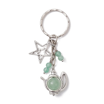 Star & Teapot Matural Green Aventurine Keychain, with Tibetan Style Pendant and Iron Split Key Rings, Platinum, 75mm