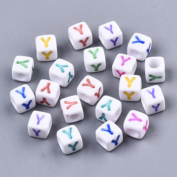 Opaque White Acrylic Beads, with Enamel, Horizontal Hole, Cube with Mixed Color Letter, Letter.Y, 6x6x6mm, Hole: 3mm, about 2900pcs/500g