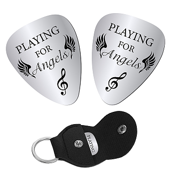 201 Stainless Steel Guitar Picks, with PU Leather Guitar Clip, Plectrum Guitar Accessories, Wing Pattern, Picks: 32x26x1mm, 2pcs, Clip: 115x47x1.3mm, Inner Diameter: 24mm, 1pc