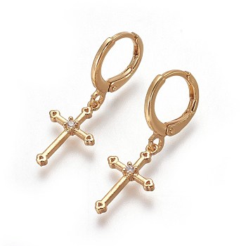 Brass Dangle Hoop Earrings, with Cubic Zirconia, Long-Lasting Plated, Cadmium Free & Nickel Free & Lead Free, Cross, Golden, 29mm, Pin: 1mm