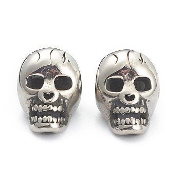 304 Stainless Steel European Beads, Large Hole Beads, Skull, Antique Silver, 15x10x10mm, Hole: 5mm