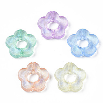Transparent Acrylic Beads, Glitter Powder, Flower, Mixed Color, 14x14.5x4mm, Hole: 1.5mm