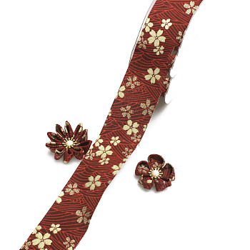 Cotton Ribbons, Wave and Gold Tone Flower Pattern, Garment Accessories, Dark Red, 1-5/8 inch(40mm), about 10 yards/roll