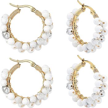 Unicraftale 304 Stainless Steel Hoop Earrings, Beaded Hoop Earrings, with Natural Howlite Beads, Ring, 32~33x31.5~33x7.5~8mm, Pin: 0.7x1mm, 2pairs/box