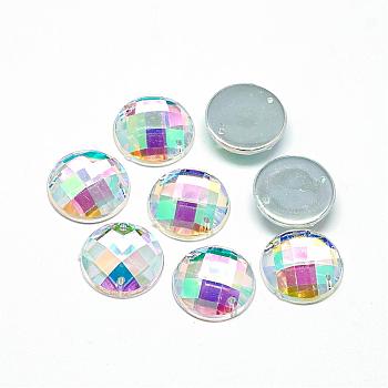 Sew on Rhinestone, Transparent Acrylic Rhinestone, Two Holes, Garments Accessories, AB Color Plated, Faceted, Half Round/Dome, Clear AB, 10x3.5mm, Hole: 0.8~1mm