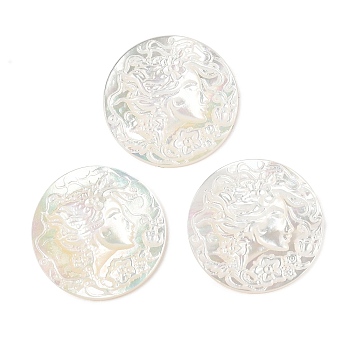 Natural White Shell Carved Cabochons, Flat Round with Cameo Women, 20x3mm