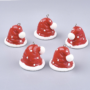 Resin Pendants, with Platinum Tone Iron Findings, Christmas Hat, Red, 28.5x28~30x29~30mm, Hole: 2mm