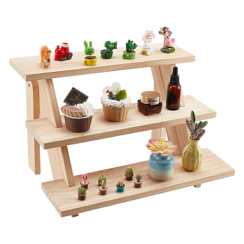 3-Tier Wood Display Riser Rack, Minifigure Display Holder for Doll, Toys, Cosmetic, Collectibles Showing, BurlyWood, Finish Product: 43x30x27.5cm