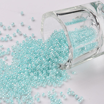12/0 Grade A Round Glass Seed Beads, Ceylon, Pale Turquoise, 2x1.5mm, Hole: 0.7mm, about 5388pcs/50g