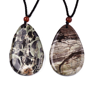 Natural Flower Agate Pendant Necklaces, Slider Necklaces, with Random Color Polyester Cords, Teardrop, 26~29.9 inch(66~76cm)