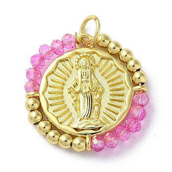 Rack Plated Brass Pendant, with Glass, Long-Lasting Plated, Lead Free & Cadmium Free, Round, Deep Pink, 23.5x23x3mm