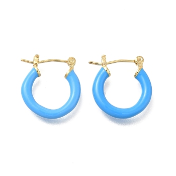 Brass Enamel Hoop Earrings for Women, Flat Round, Light Gold, Dodger Blue, 20x19.5x4mm, Pin: 0.8mm