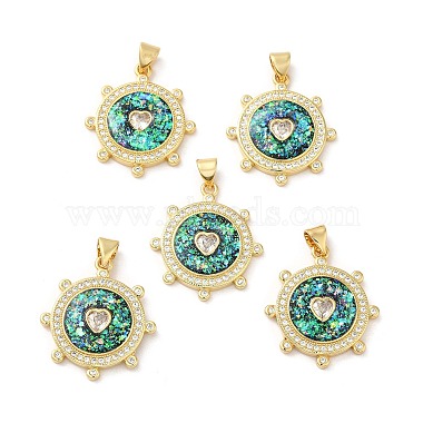 Real 18K Gold Plated Green Flat Round Brass+Cubic Zirconia Pendants