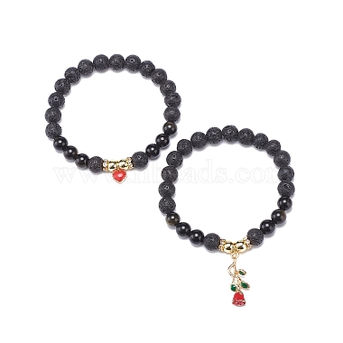 2Pcs 2 Style Style Natural Lava Rock & Golden Sheen Obsidian & Synthetic Hematite Stretch Bracelets Set(BJEW-JB08734)-4