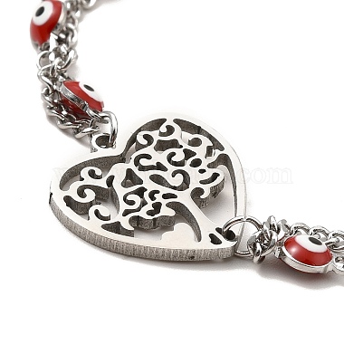 Red Enamel Evil Eye & 304 Stainless Steel Curb Chains Double Layer Multi-strand Bracelet with Charm for Women(BJEW-C025-09P)-3