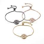 Adjustable Brass Micro Pave Cubic Zirconia Bolo Bracelets, Slider Bracelets, Flat Round with Om Symbol, Mixed Color, 10-1/4 inch(260mm), 1.2mm(BJEW-E321-01)