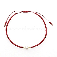 Glass Imitation Pearl & Seed Braided Bead Bracelets, Adjustable Bracelet, Red, 11 inch(28cm)(WO2637-07)