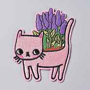 Computerized Embroidery Cloth Iron on/Sew on Patches, Costume Accessories, Appliques, Cat with Lavender Plant, Colorful, 85x70x1.8mm(X-DIY-P006-02)