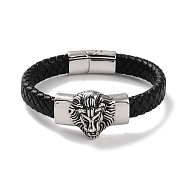 Men's Braided Black PU Leather Cord Bracelets, Lion 304 Stainless Steel Link Bracelets with Magnetic Clasps, Antique Silver, 8-5/8 inch(22cm)(BJEW-K243-32AS)